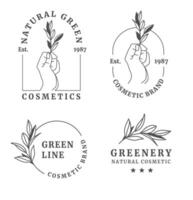 einstellen von Logos mit weiblich Hand und Ast mit Blätter. minimal linear Stil. Vektor Blumen- Emblem und Symbol zum Schönheit Salon, Spa, Braut- Boutiquen, Fotografen, Mode speichern, kosmetisch Marke.