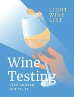 Wein Veranstaltung oder Restaurant Speisekarte Poster, Flyer Design. Mensch Hand halten ein Glas von Weiß Wein auf ein sonnig Blau Hintergrund. Vektor Illustration