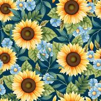 nahtlos Muster mit Gelb Sonnenblumen, Blau Gänseblümchen und bunt Blätter. Herbst Textur im Blau und Gelb Farben. geeignet zum Stoff, Hintergrund, Verpackung Papier, Karten. vektor