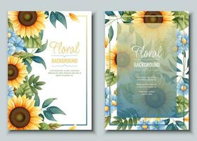 uppsättning av hälsning kort mall med solrosor, blå prästkragar. flygblad, baner med höst vilda blommor. design för bröllop inbjudan och fest. vektor