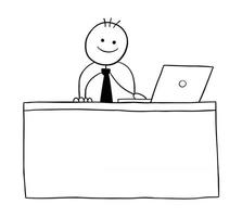 stickman affärsman karaktär glad och sitter vid skrivbordet vektor tecknad illustration