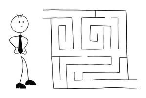 stickman affärsman karaktär tittar in i labyrinten och tänker vektor tecknad illustration