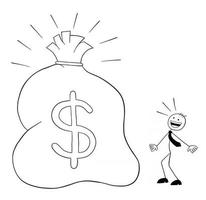Strichmännchen-Geschäftsmann-Charakter sehen den riesigen Sack mit Dollar und überraschter Vektor-Cartoon-Illustration vektor