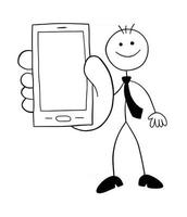 stickman affärsman karaktär visar smartphone skärmen vektor tecknad illustration