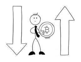 stickman affärsman karaktär håller bitcoin mynt och med pilar rör sig ner och upp vektor tecknad illustration