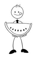 stickman affärsman karaktär håller vattenmelon skiva och vill äta det vektor tecknad illustration