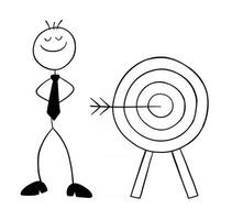 stickman affärsman karaktär träffar målet för bulls eye och stolt vektor tecknad illustration