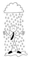 det regnar stickman affärsman karaktär blir våt och olycklig vektor tecknad illustration