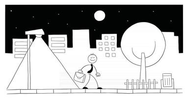 stickman affärsman karaktär gå på gatan på natten vektor tecknad illustration