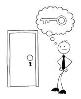 stickman affärsman karaktär framför den låsta dörren men ingen nyckel vektor tecknad illustration