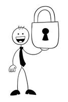 stickman affärsman karaktär glad och håller stängt hänglås vektor tecknad illustration