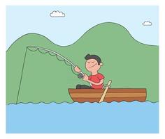 tecknad man fiske med krok i båt sjön eller havet vektorillustration vektor