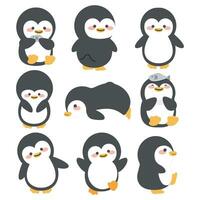 söt klotter pingviner tecknad serie uppsättning vektor