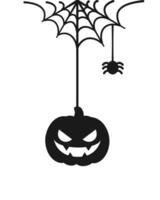 domkraft o lykta ondska pumpa hängande på en Spindel webb silhuett, Lycklig halloween läskigt ornament dekoration vektor illustration