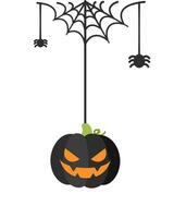 domkraft o lykta ondska pumpa hängande på en Spindel webb, Lycklig halloween läskigt ornament dekoration vektor illustration