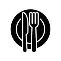 Teller und Messer mit ein Gabel Symbol, Abendessen, Mahlzeit, Essen Besteck, solide Stil. Restaurant Gericht im Essen Tabelle Satz. Geschirr, Besteck Portion Logo Vektor Illustration Design auf Weiß Hintergrund. eps 10