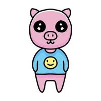 Kawaii Schwein Cartoon trägt Kleidung mit Emoji-Bild. Designillustration für Aufkleber und Kleidung vektor