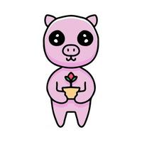 Kawaii Schwein Cartoon mit Blumen. Designillustration für Aufkleber und Kleidung vektor