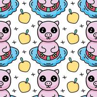 Süßes nahtloses Muster von Sommerschweinschwimmen mit frischem Obst. Design-Illustration mit Cartoon-Stil. vektor