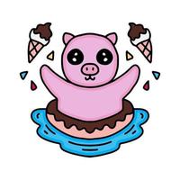 Sommerschweinkarikaturschwimmen mit Donut und Eis. Illustration für Aufkleber und Kleidung vektor