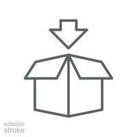 Verpackung Linie Symbol. Paket Lieferung Kisten, Ladung Box Verteilung, Export Boxen. Waren Sendung, öffnen Paket. Transport logistisch editierbar Schlaganfall Vektor Illustration Design auf Weiß Hintergrund eps 10