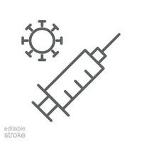 vaccin coronavirus behandling vaccination linje ikon. spruta läkning jord för covid19, mot pandemi från jorden. redigerbar stroke vektor illustration design på vit bakgrund eps 10