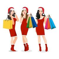 Weihnachtsmädchengruppe im roten Kleid mit Einkaufstüten-Cartoon-Figur. Frohe Weihnachten und ein glückliches neues Jahr Verkaufskonzept Vektor concept