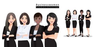 Geschäftsfrauen stehen mit verschränkten Armen auf weißem Hintergrund. Teamwork-Konzept, Cartoon-Charakter-Design-Vektor-Illustration vektor