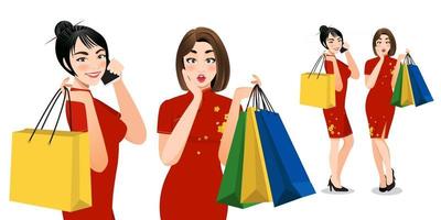 chinesische frauen in cheongsam-kleidern mit einkaufstaschen-zeichentrickfiguren. chinesisches neues jahr verkaufskonzeptvektor vektor