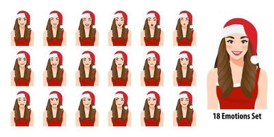 Weihnachtsmädchen in rotem Kleid und Weihnachtsmütze mit verschiedenen Gesichtsausdrücken isoliert in Cartoon-Charakter-Stil-Vektor-Illustration vektor