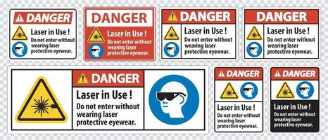 Gefahr PPE-Sicherheitsetikett, Laser im Gebrauch nicht betreten, ohne eine Laserschutzbrille zu tragen vektor