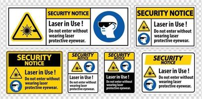 säkerhetsmeddelande PPE-säkerhetsetikett, laser som används går inte in utan att använda laserskyddsglasögon vektor