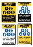 säkerhetsmeddelande underteckna korrekt ppe krävs stövlar, hardhats, handskar när uppgiften kräver fallskydd med ppe-symboler vektor