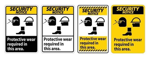 Sicherheitshinweisschild Schutzkleidung ist in diesem Bereich erforderlich. mit Schutzbrillen, Schutzhelm und Stiefelsymbolen auf weißem Hintergrund vektor