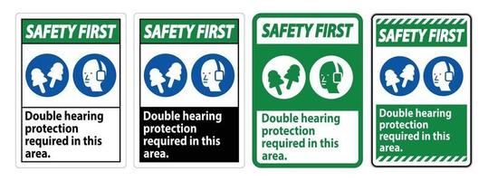 säkerhet första skylt dubbla hörselskydd krävs i detta område med öronkåpor och öronproppar vektor
