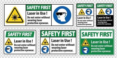 Safety First PPE-Sicherheitsetikett, Laser im Gebrauch nicht betreten, ohne eine Laserschutzbrille zu tragen vektor