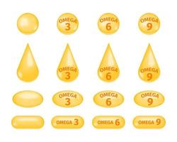 Omega-Fettsäuren 3, 6 und 9. goldene Tropfen und Pillen aus Fischöl. Symbole für mehrfach ungesättigte Fette isoliert auf weißem Hintergrund vektor