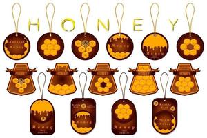 Illustration zum Thema für großes Set-Etikett von zuckerhaltigem Honig in Honigwaben vektor