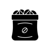 kaffesäckar svart glyph ikon. rostade bönor i påse för kommersiell produktion. produkt för beredning av espresso. barista tillbehör. silhuett symbol på vitt utrymme. vektor isolerad illustration