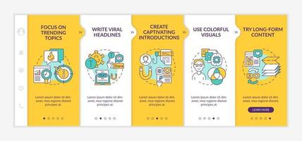 Buzzworthy Content Creation Tipps Onboarding Vektorvorlage. Responsive mobile Website mit Symbolen. Webseiten-Walkthrough 5-Schritte-Bildschirme. schreibe virale Schlagzeilen Farbkonzept mit linearen Illustrationen vektor