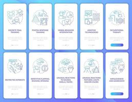 autistische Behandlungsansätze beim Onboarding von mobilen App-Seitenbildschirmen festgelegt. asd symptom Walkthrough 5 Schritte grafische Anweisungen mit Konzepten. ui, ux, gui-Vektorvorlage mit linearen Farbillustrationen vektor