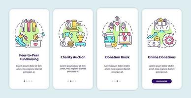 Ideen für Fundraising-Events beim Onboarding der mobilen App-Seitenseite. Walkthrough für Wohltätigkeitsauktionen in 4 Schritten, grafische Anweisungen mit Konzepten. ui, ux, gui-Vektorvorlage mit linearen Farbillustrationen vektor