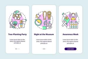 Ideen für Fundraising-Kampagnen beim Onboarding des Bildschirms der mobilen App. Baumpflanzparty Walkthrough 3 Schritte grafische Anleitung mit Konzepten. ui, ux, gui-Vektorvorlage mit linearen Farbillustrationen vektor