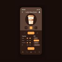 Latte Macchiato-Vorbereitung Smartphone-Schnittstellenvektorvorlage. perfekten Kaffee zubereiten. Layout der mobilen App-Seite. Espresso mit Kokossieb wählen. flache ui für die anwendung. Telefondisplay vektor