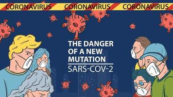 bannerillustration för design av det nya viruset corona sars-cov-2 maskerade människor på bakgrunden av staden och flygande virusmolekyler i mitten av inskriptionsnamnet vektor