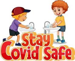 Bleiben Sie covid-sichere Schriftart im Cartoon-Stil mit Kindern, die ihre Hände am Wasserbecken waschen, isoliert auf weißem Hintergrund vektor