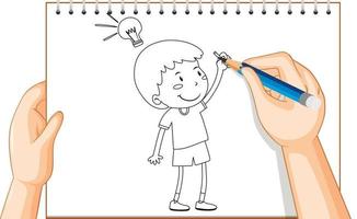 Handzeichnung eines Kindes mit Ideenlampenumriss vektor