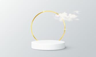 dreidimensionales Podium-Display-Innendesign. angehobener Plattformhintergrund mit goldenem Rahmen und Wolken and