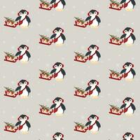 vektor söt jul liten pingvin med hörlurar, väska, presenterar och jul träd på en kälke sömlös mönster.