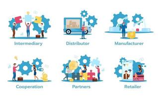 Geschäftsmodell flache Vektorillustrationen gesetzt. Vermittler. Verteiler. Hersteller. Zusammenarbeit. Partner. Einzelhändler. Handelsstrategien. isolierte Zeichentrickfiguren vektor